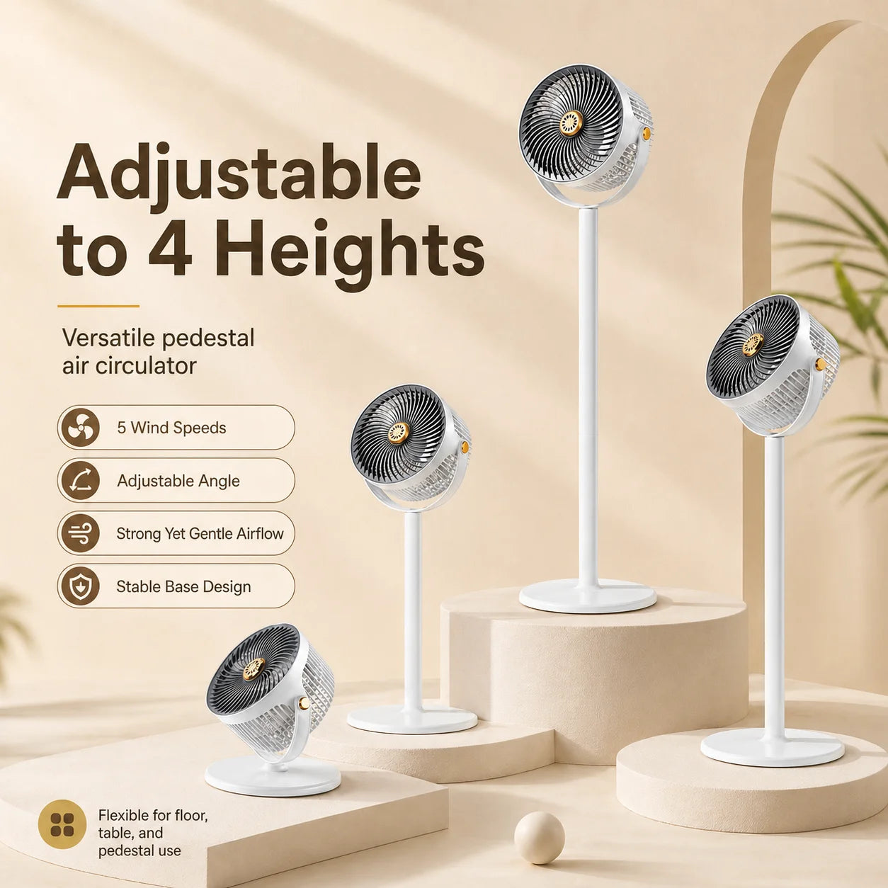 3-in-1 Modern Air Circulator Fan 5 Speeds 4 Heights Quiet Portable Pedestal Stand Fan USB-C for Home Bedroom Office RV Camping
