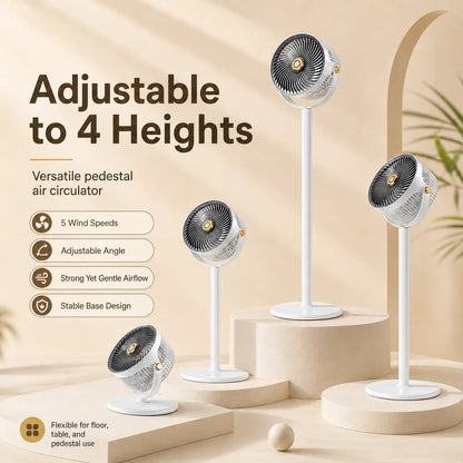 3-in-1 Modern Air Circulator Fan 5 Speeds 4 Heights Quiet Portable Pedestal Stand Fan USB-C for Home Bedroom Office RV Camping