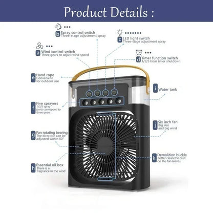 3-in-1 Portable Air Cooler Fan – Humidifier, Fan & AC with 7-Color LED & 600ml Tank