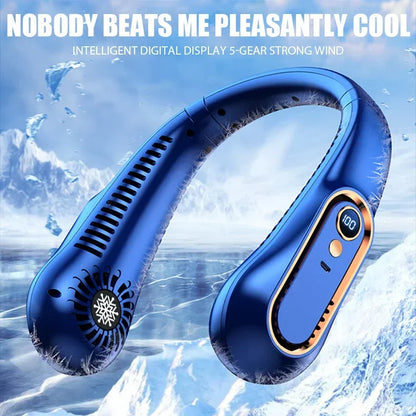 Bladeless Neck Fan with Digital Display – USB Rechargeable, 3-Speed Portable Air Cooler